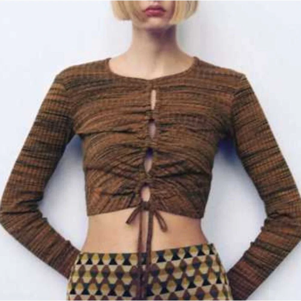 Zara Cutout Cropped Long Sleeve Top Size Large